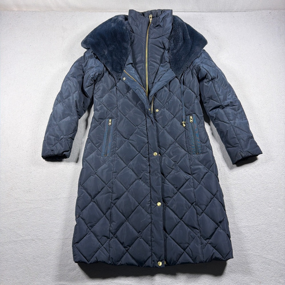 Cole Haan Quilted Puffer Coat Women Small Long Down Parka Navy Blue Quiet Luxury